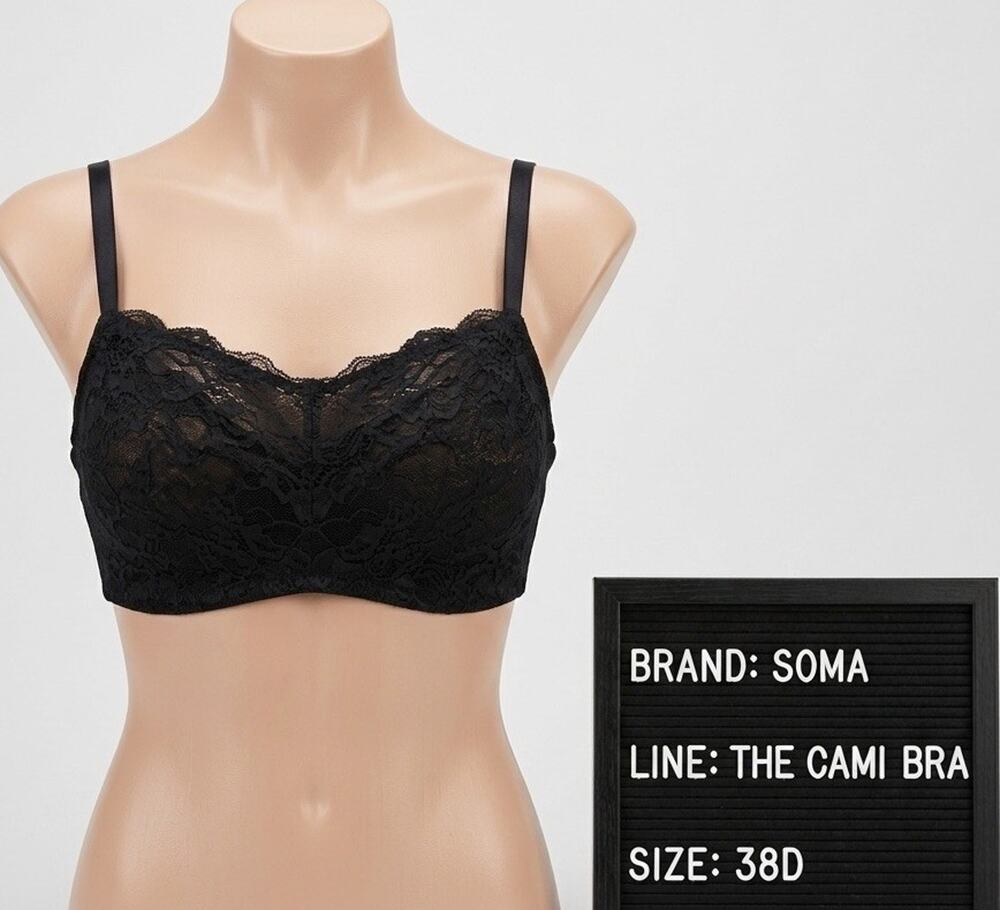 Soma The Cami Bra 38D Black Floral Lace Overlay Underwire Full Coverage Modest